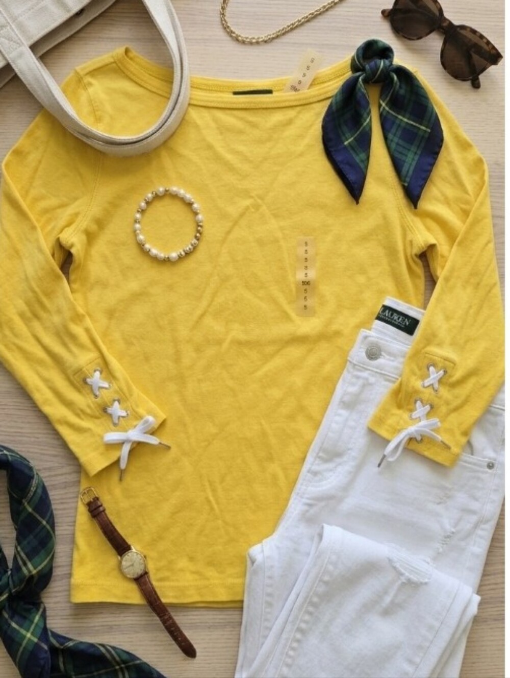 VTG Ralph Lauren Jeans Co RARE Yellow Knit Blouse Small 3/4 Sleeve Side Ties